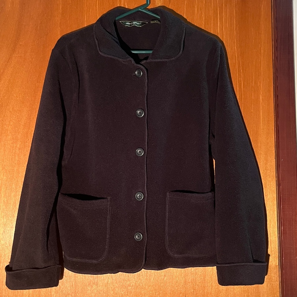Eddie Bauer Vintage Black Fleece Button Up Cardigan/Jacket - Size Petite S